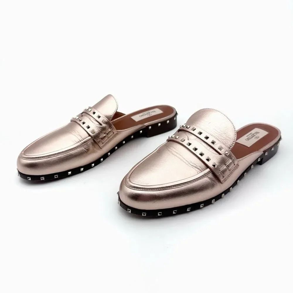 VALENTINO Metallic Rose Gold Soul Rockstud Mules Loafers Size 37 US 7 Micro Stud